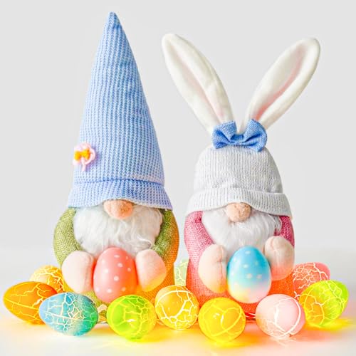 kopotma Osterdeko Wichtel Figuren Kleine mit Lichtern, 2 Stück Osterwichtel mit Ostereier Lichterketten,Tischdeko Ostern Osterschmuck für Zuhause Kinder von kopotma