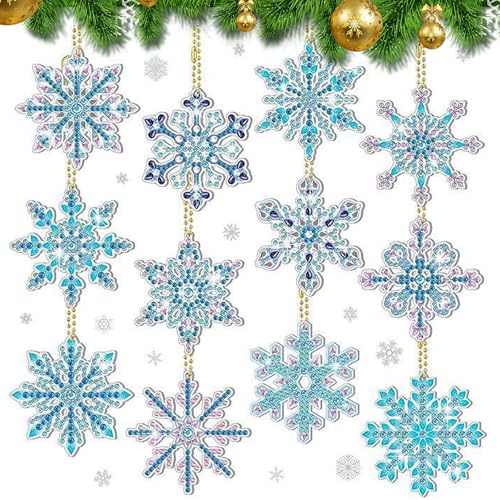 Diamond Painting Weihnachten Anhänger, 12 Set Diamond Painting Weihnachten 5D Schneeflocke Deko, Diamond Painting Weihnachten für Weihnachten Fenster Hängend Winter Dekor von korsaot