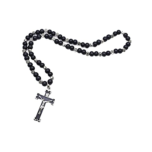 kowaku Rosenkranz Kreuz Anhänger Perlen Rosenkranz, Religiöser Schmuck für Männer Und Frauen, Perlen Rosenkranz Kreuz Rose, Schwarz von kowaku