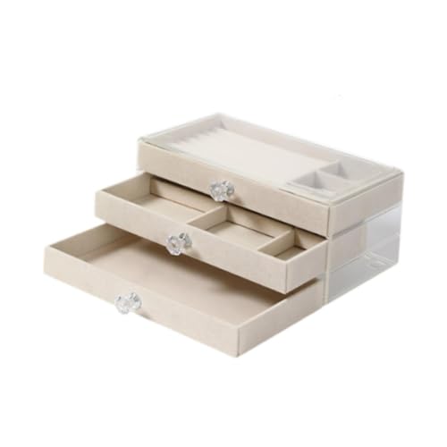 kowaku Schmuck-Organizer-Box, Vitrine, stapelbar, Geschenk für Frauen und Damen, 3-stöckige transparente Schmuckschatulle, Schmucketui für Ringe und, Beige von kowaku