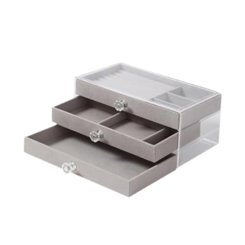 kowaku Schmuck-Organizer-Box, Vitrine, stapelbar, Geschenk für Frauen und Damen, 3-stöckige transparente Schmuckschatulle, Schmucketui für Ringe und, Grau von kowaku