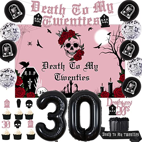 Death to My 20s Birthday Decorations, Rose Gold 30 Birthday Party Decorations, Death Rip to My 20s Balloons Black Number 30 Foil Balloon, Death to My 20s Backdrop Banner Sash Cupcake Cake Toppers von kreat4joy