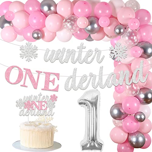 Winter Onederland Geburtstagsdekorationen, Winter Onederland 1. Geburtstag Partyzubehör für Mädchen, Rose Schneeflocke Winter Onederland Banner Ballongirlande Cake Topper für Baby First Birthday Party von kreat4joy