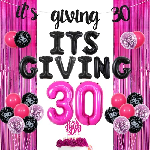 kreat4joy 30 Geburtstag Deko Frau, Its Giving 30 Birthday Party Banner Girlande Cake Topper Fransen Vorhang Nummer 30 It's Giving Folienballon für 30 Jahre alt Dirty Thirty Anniversary Party von kreat4joy