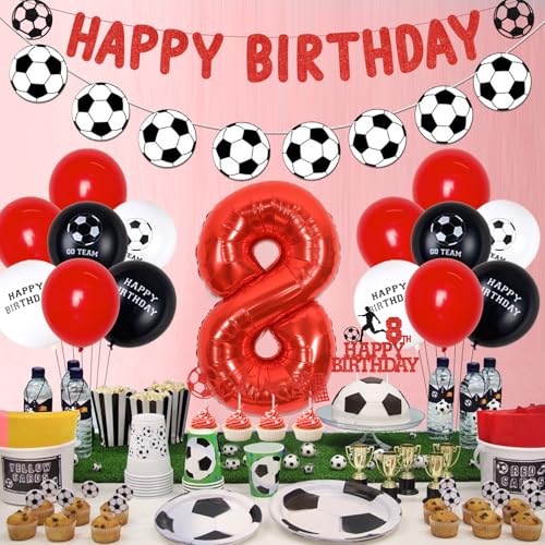 kreat4joy 8. Geburtstag Dekorationen Junge Fußball, Rot Fußball Happy Birthday Banner Girlande Kuchen Cupcake Toppers Rot Weiß Fußball Ballons 8 Folienballon für 8 Jahre alt Sport Thema von kreat4joy