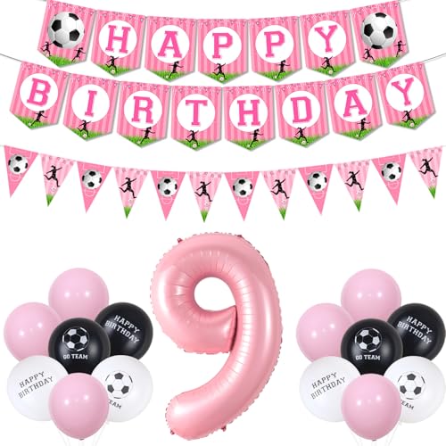 kreat4joy 9 Fußball Geburtstag Dekorationen für Mädchen, Rosa Fußball Happy Birthday Banner Wimpelkette, Schwarz Weiß Go Team Luftballons Rosa Nummer 9 Folienballon für Mädchen Sport Thema von kreat4joy