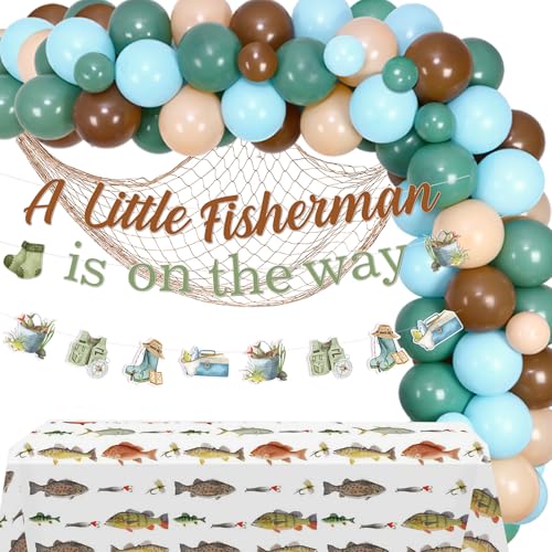 kreat4joy Angeln Baby Shower Dekorationen, A Little Fisherman Is On The Way Baby Shower Luftballons Bogen Tischdecke Banner Girlanden Fischernetz für Gone Fishing Baby Shower von kreat4joy