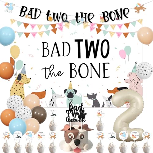 kreat4joy Bad Two The Bone Party-Dekorationen, Hund 2. Geburtstag Party Dekorationen Hintergrund Banner Kuchen Cupcake Toppers Pfotenabdruck Luftballons für Bad 2 The Bone 2 Jahre alt Welpe Motto von kreat4joy