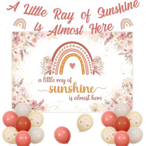 kreat4joy Boho-Regenbogen-Babyparty-Dekorationen, "A little Ray of Sunshine is Almost Here" Hintergrund Banner Girlande Böhmische Regenbogenballons für Mädchen Babyparty Geschlecht Enthüllung von kreat4joy