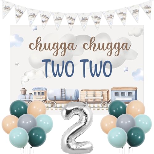 kreat4joy Chugga Chugga Two Birthday Party Decorations, Train 2nd Birthday Backdrop Banner Bunting Retro Blue Balloons Number 2 Foil Balloon for 2 Years Old Boys Train Birthday Party Supplies von kreat4joy