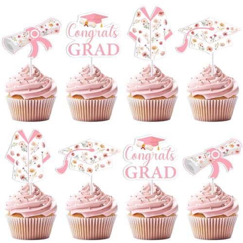 kreat4joy Cupcake-Topper mit Wildblumen-Motiv, 36 Stück, Blumenmotiv "Congrats Grade", Cupcake-Topper für Mädchen, "We Are So Proud Of You", Klasse 2025, Schule, College, Abschlussfeier von kreat4joy