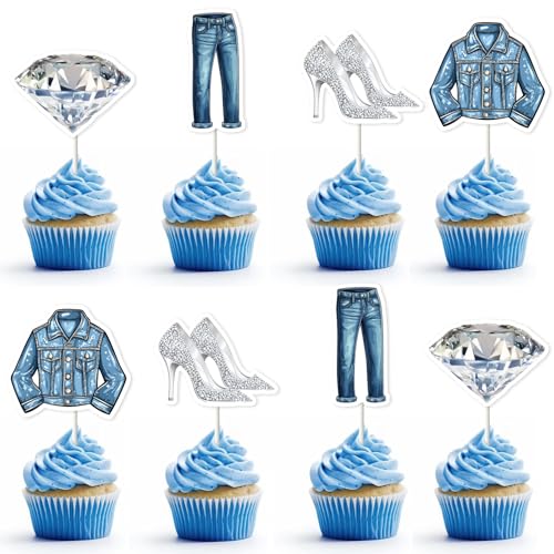 kreat4joy Denim und Diamant Party Dekoration, 36pcs Denim und Diamant Cupcake Topper Doppelseitiger Druck Kuchen Dekoration für Denim und Diamant Geburtstag Bachelorette Brautdusche Party Dekoration von kreat4joy