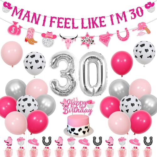 kreat4joy Disco Cowgirl Dekoration zum 30. Geburtstag, Mann I Feel Like I'm 30 Birthday Banner Girlande Kuchen Cupcake Toppers Nummer 30 Folienballons für Frau Western Cowgirl 30 Jahre alt Geburtstag von kreat4joy