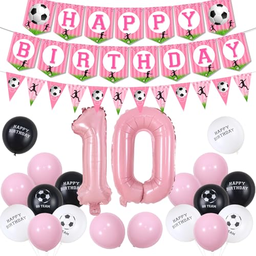 kreat4joy Fußball 10 Geburtstag Dekorationen Mädchen, Rosa Fußball Happy Birthday Banner Wimpelkette, Schwarz Weiß Go Team Luftballons Rosa Nummer 10 Folienballon für 10 Jahre Alt Mädchen Sport Thema von kreat4joy