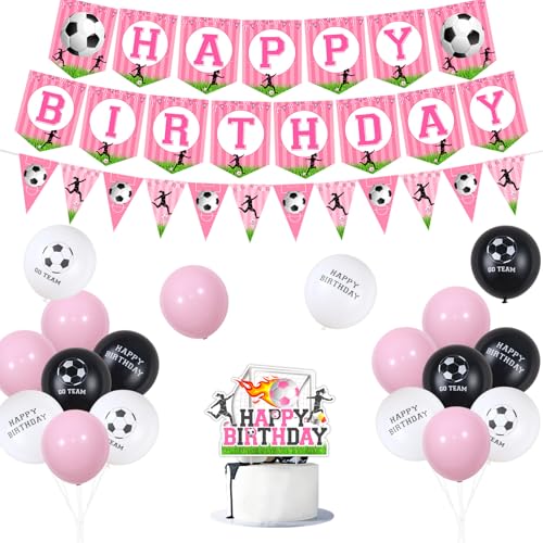 kreat4joy Fußball Geburtstag Party Dekorationen für Mädchen, Rosa Fußball Happy Birthday Banner Cake Topper, Fußball Dreieck Wimpelkette Banner Schwarz Weiß Luftballons für Mädchen Sport Thema von kreat4joy