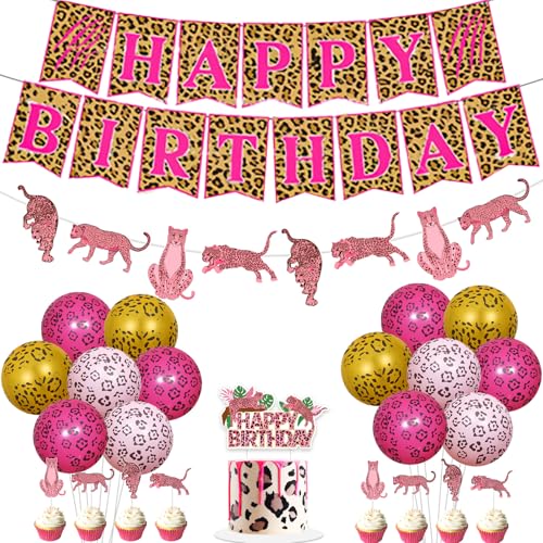 kreat4joy Gepard Druck Geburtstag Party Dekoration Mädchen, Rosa Leopard Geburtstag Happy Banner Girlande Kuchen Cupcake Topper Latex Ballon für Gepard Zoo Wild Safari Dschungel Tier Geburtstag Party von kreat4joy