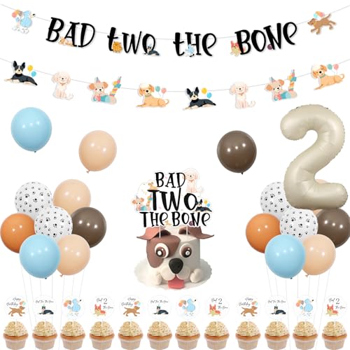 kreat4joy Hund 2nd Birthday Party Dekoration, Bad Two the Bone Geburtstag Party Dekoration Happy Birthday Banner Girlande Kuchen Cupcake Topper Folie Nummer 2 Ballon für Welpen 2 Zwei Jahre alt Party von kreat4joy