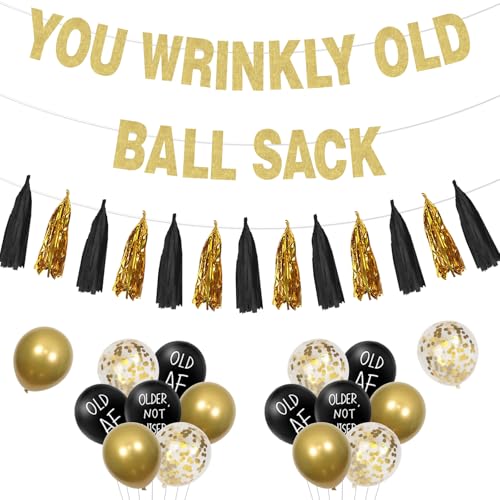 kreat4joy Lustige Geburtstagsparty-Dekorationen, You Wrinkly Old Ballsack Banner Older Not Wiser Old Af Latex Ballons Seidenpapier Quaste Girlande Schwarz Gold für 50. 60. 70. 80. Geburtstag Party von kreat4joy