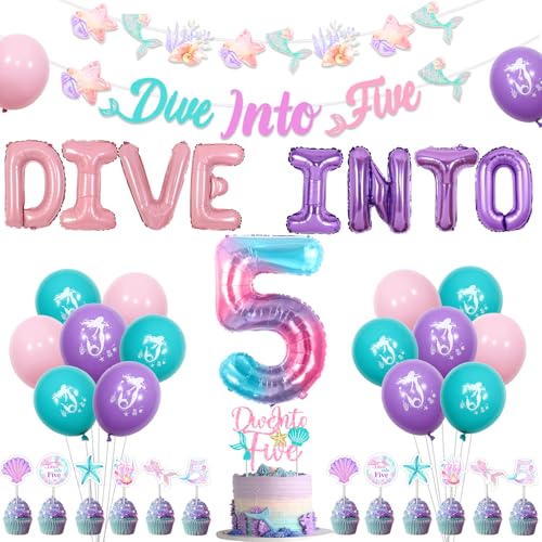 kreat4joy Meerjungfrau 5 Geburtstag Party Dekoration Mädchen, Tauchen Sie in Fünf Deko Meerjungfrau Banner Girlande Kuchen Cupcake Topper Zahl 5 Folienballon für Unter dem Meer 5 Fünfte Geburtstag von kreat4joy