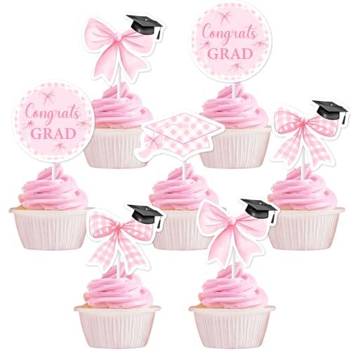 kreat4joy Schleifenabschluss-Dekorationen, 36 Stück, "Congrats Grad", rosa Cupcake-Topper für Mädchen, Klasse 2025, Party-Dekorationen von kreat4joy