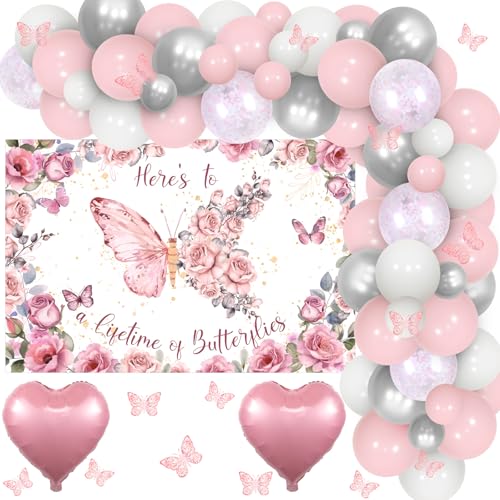 kreat4joy Schmetterling Brautdusche Dekoration, Here's to a Lifetime of Butterflies Party Ballons Bogen Kit Schmetterling Hintergrund Aufkleber Rosa Herz Folienballon für Frau Bachelorette Engagement von kreat4joy