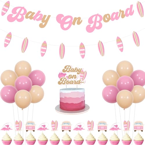 kreat4joy Surf Babyparty Deko Mädchen, Baby an Bord Party Dekoration Surfbrett Rosa Banner Girlande Kuchen Cupcake Topper Latex Ballon für Surf Sommer Strand Babyparty Geschlecht Enthüllung Dekoration von kreat4joy