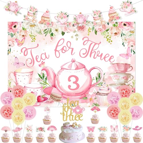 kreat4joy Tea for Three Party Decorations, 3 Year Old Birthday Decorations Girl, Floral Tea for Three Backdrop Cake Cupcake Toppers Banner Tea Time Balloons for 3rd Birthday Party Decorations Supplies von kreat4joy