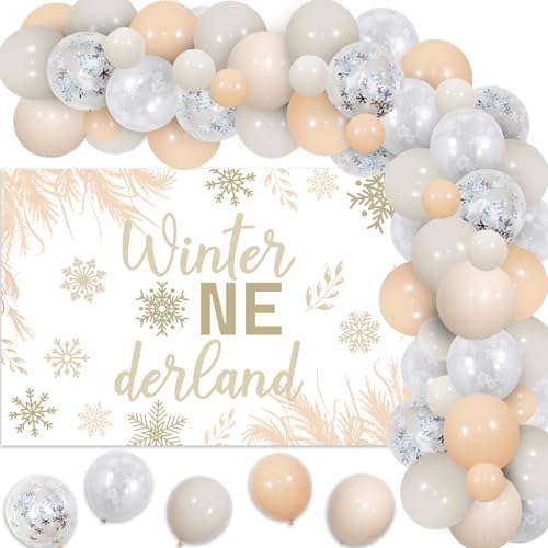 kreat4joy Winter Onederland 1. Geburtstag Party Dekorationen, Beige Winter Onederland Hintergrund Schneeflocke Ballon Girlande Bogen Kit Hintergrund Fotografie für Mädchen Junge Winter Schneeflocke von kreat4joy