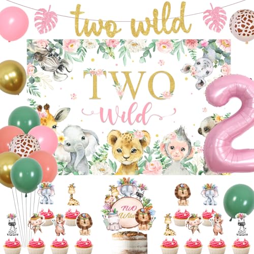 kreat4joy Zwei wilde Geburtstagsdekorationen Mädchen, rosa Safari Dschungel Tier 2. Geburtstag Dekorationen Wild Two Hintergrund Banner Kuchen Cupcake Toppers Salbeigrün Rosa 2 Folienballon für von kreat4joy