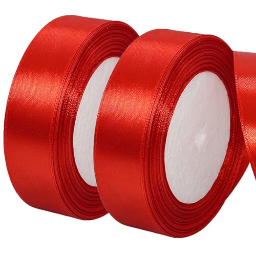 2 Rolle Satinband Rot, 22m x 2cm Geschenkband Rot, Polyester Satinband Rot, Schleifenband Rot, Weinachten Satinband für Hochzeit Party und Geburtstag Geschenke von kristwash