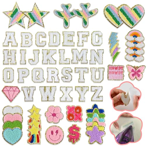 61 Stück selbstklebende Chenille-Patches, 2-Wege-Chenille-Buchstaben-Aufnäher, Regenbogen-Lightning-Smiley-Gesicht, Varsity-Buchstaben-Aufnäher, niedliche Aufnäher zum Aufbügeln für Kleidung, von ktondic