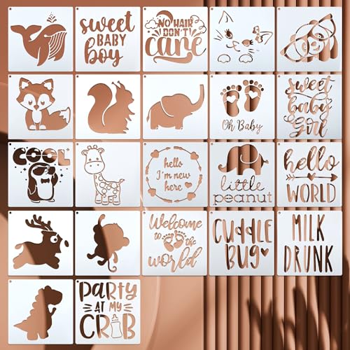 22 Stück Baby Shower Schablonen Baby Thema Malvorlagen Süße Tiere Vorlage Süße Baby Thema Schablonen Wiederverwendbare Malschablonen für Handwerk Scrapbooking Dekorationsset (13x13CM) von ktxaby