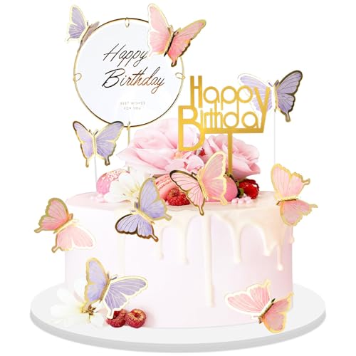 22Pcs 3D lila rosa Schmetterling Kuchen Dekoration Sets mit Gold „Happy Birthday“Wort Acryl Kuchen Picks,gemischte Größe Schmetterling Kuchen Toppers für Geburtstag Party Hochzeit Kuchen Dekor von ktxaby