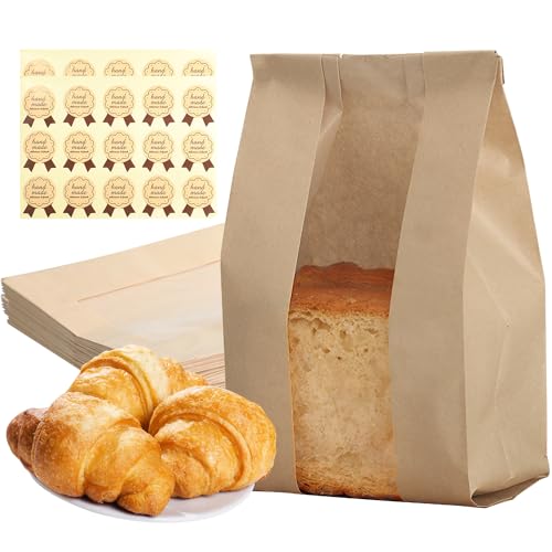 30 StückPapiertüten Braun Butterbrottüten Braune Papiertüten mit klaren Fenster,Bäckertüten für Brot, Kraftpapier Brot Tasche mit Verschluss-Aufkleber,für Kekse und gebackene Geschenke（30x21x10cm） von ktxaby