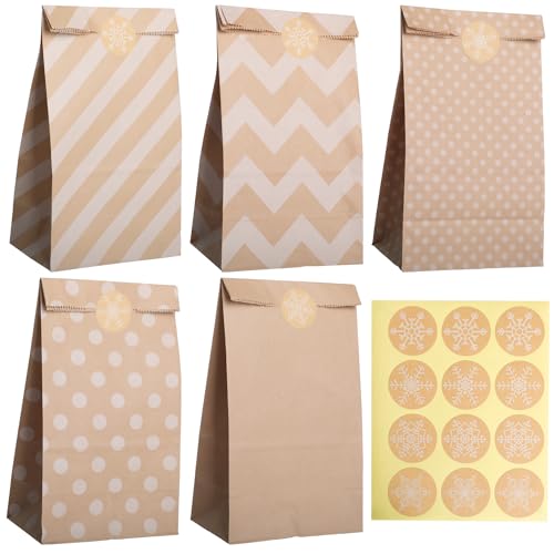 30 Stück braune Papiertüten als Geschenk, Kinderparty-Geschenktüten, braune Einkaufstüten mit Aufklebern, 5 einzigartige Stile, Snack-Tüten, Süßigkeiten-Keks-Geschenk-Tüten von ktxaby