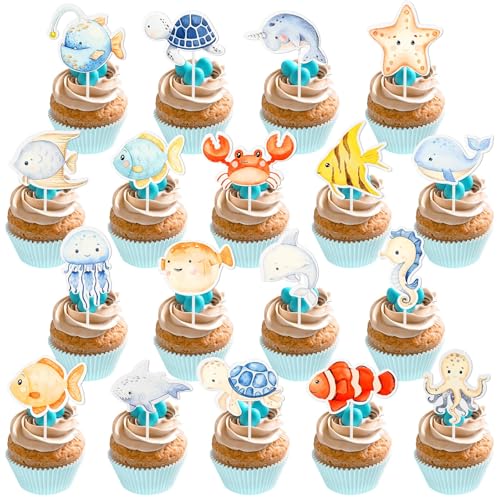 36 Stück Unter Dem Meer Kuchen Cupcake Toppers Dekorationen Ozean Tier Kuchen Dekorationen Schildkröten Oktopus Kuchen Cup Picks Meer Themed Party Supplies für Baby Dusche Geburtstag Party von ktxaby