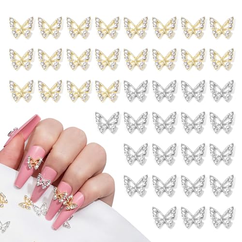 40 Stück Glitzer Schmetterlings Nägel Charms Metall Nailart Anhänger Strasssteine für Diamanten Nageledelsteine Nagelschmuck Kunst Dekorations Nail Art Schmuckherstellung(Gold, Silber) von ktxaby