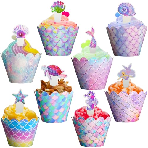 48 Stück Meerjungfrau Cupcake Topper und Hüllen, Meerjungfrau-Kuchendekorationen für Meerjungfrauenthema-Partys, violette Liner, Korallenfisch, Muschel-Design von ktxaby