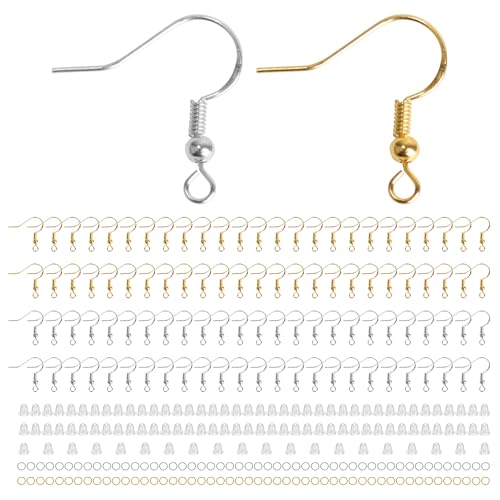 300 Stück Gold Silber Ohrring Machen Kit, Hypoallergene Ohrring Haken mit 100 Stück Transparenten Silikon Ohrring Sicherheitsverschlüssen, Ohrring Herstellung Set für DIY Schmuck Herstellung von ktxaby