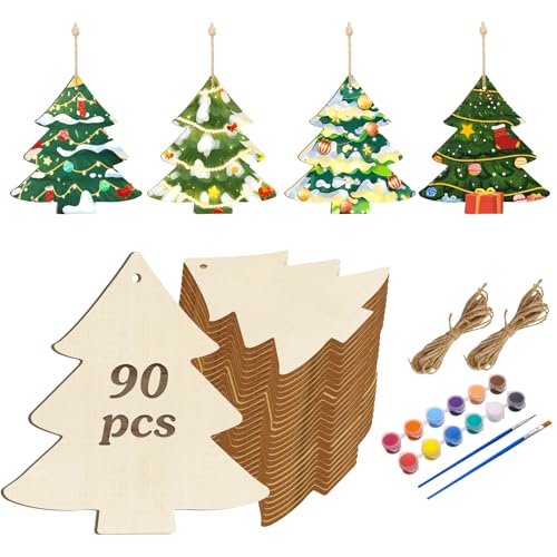 kuchisity Weihnachtsbaum-Ausschnitte aus Holz, 90 Stück, Weihnachtsbaumschmuck aus Holz, zum Bemalen, unlackierte Weihnachts-Holzausschnitte für DIY-Weihnachts-Party-Dekoration, 8,9 x 7,6 cm von kuchisity