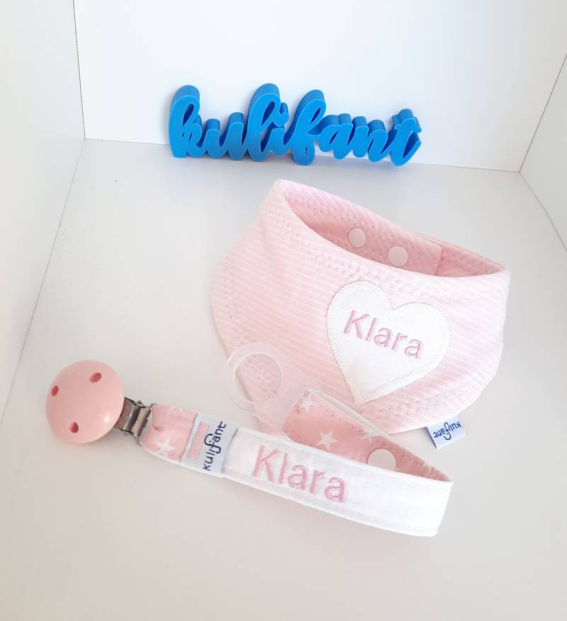 Babygeschenk Set Schnullerband & Tuch Steifen Herz Geschenk Name /Praktisch Dreieckstuch Personalisiert Für Babys Taufgeschenk Rosa von kulifant