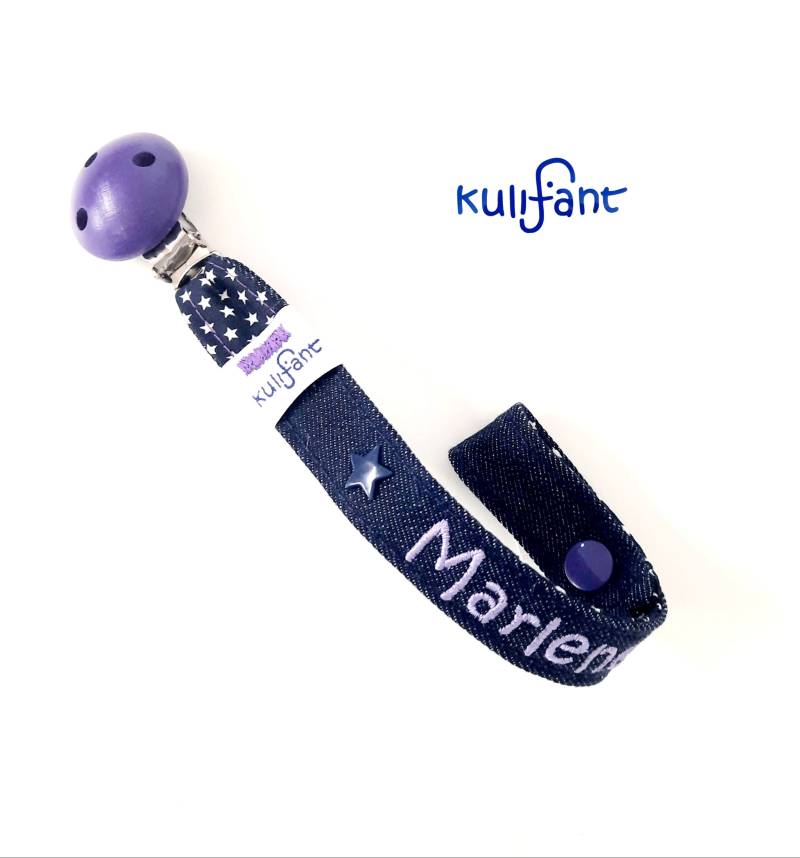 Jeans Denim Schnullerband Babygeschenk Dummyholder , Mit Name Namen Lila Flieder Sterme Blau Schlicht Personalisierbar von kulifant