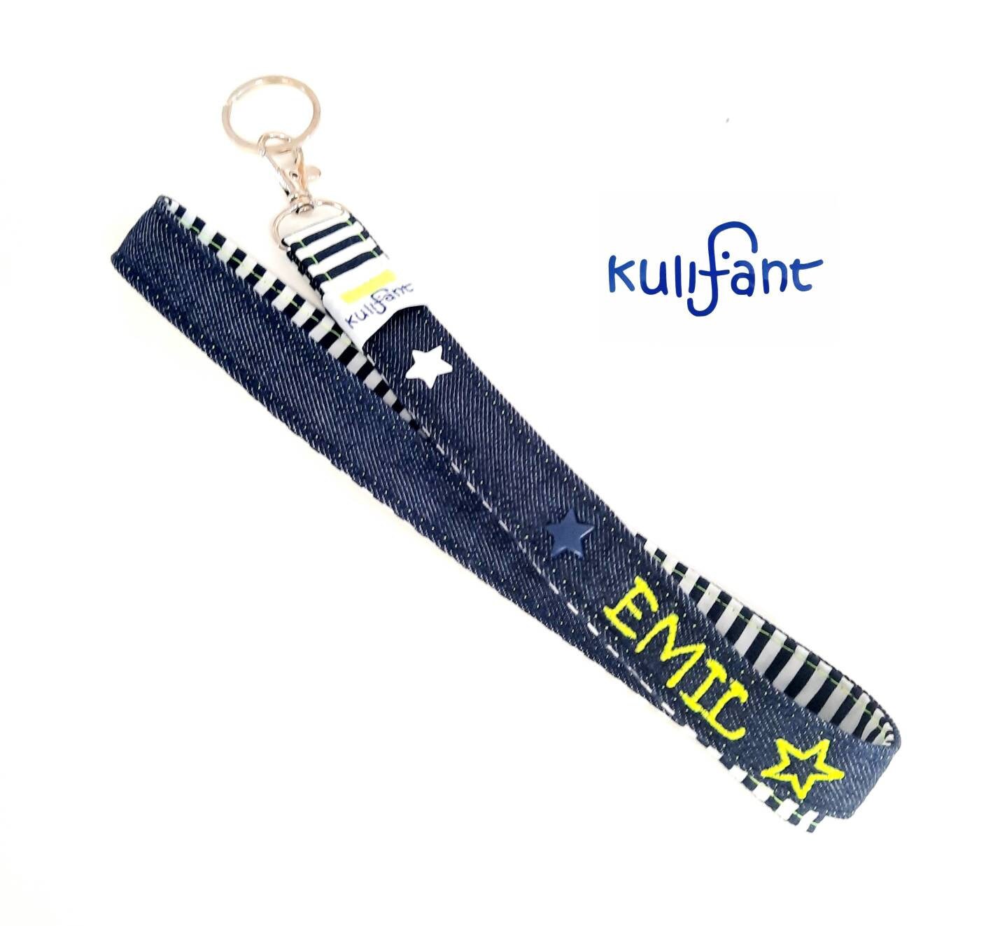 Personalisiertes Cooles Denim Schlüsselband Für Schultüte Kindergarten Schule Maritim Blau Namen Name Neongelb Stickfarbe Wählbar 1.schultag von kulifant