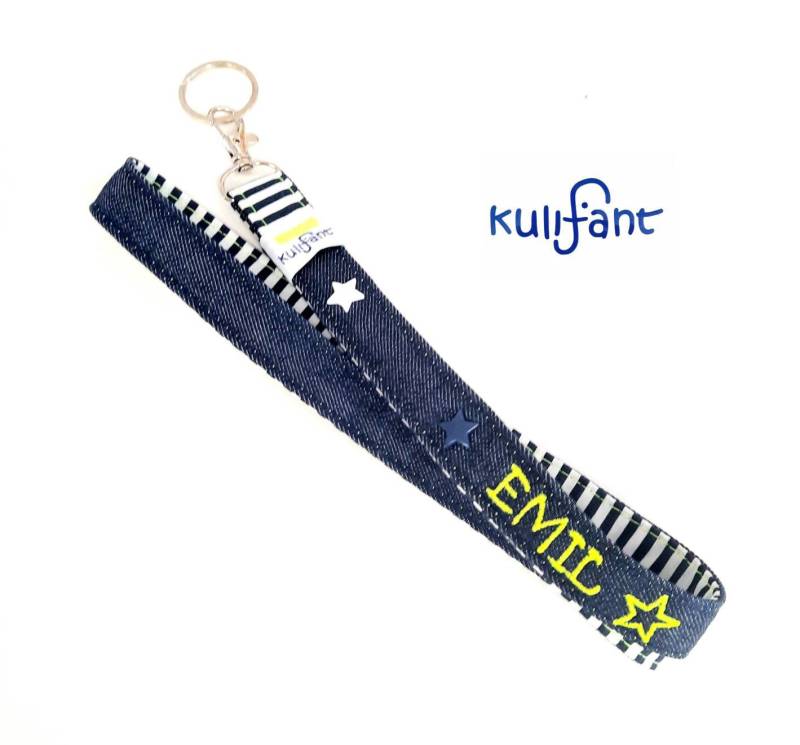 Personalisiertes Cooles Denim Schlüsselband Für Schultüte Kindergarten Schule Maritim Blau Namen Name Neongelb Stickfarbe Wählbar 1.schultag von kulifant