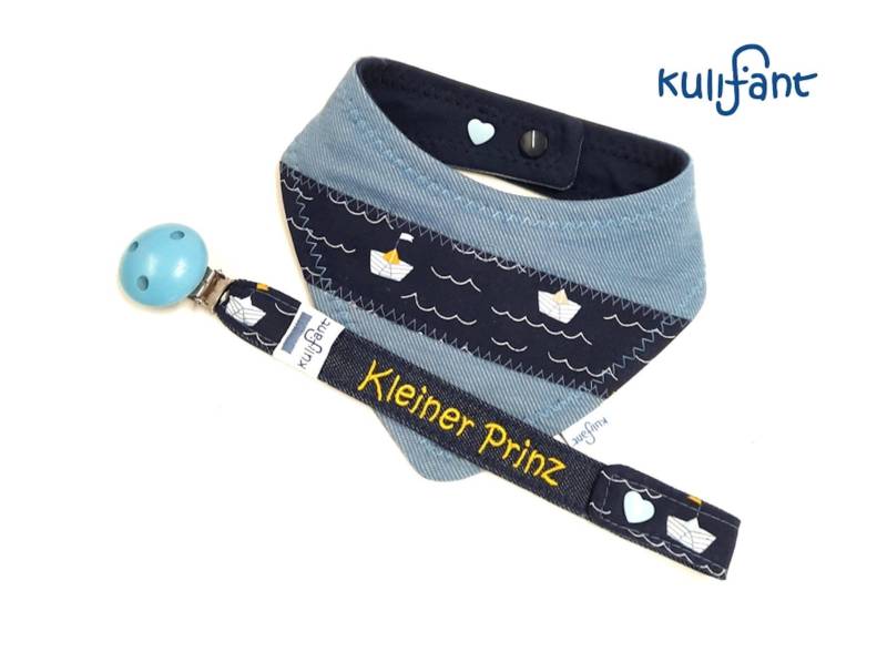 Set Jeans Denim Schnullerband Mit Name Bestickt & Dreieckstuch Wendetuch/ Schiffchen Geburtsgeschenk Jungen Babygeschenk Taufgeschenk von kulifant