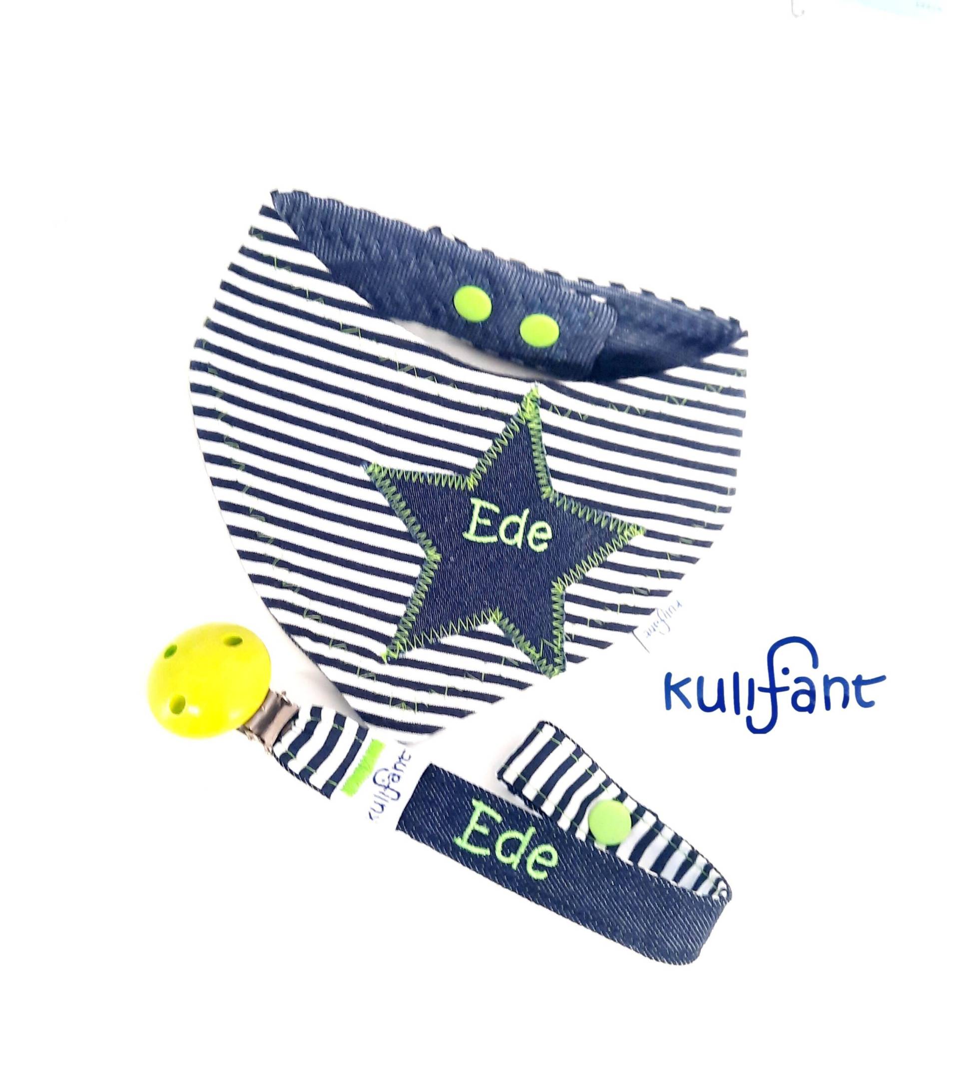 Set Jeans Denim Schnullerband & Dreieckstuch Wendetuch/ Streifen Maritim Blau Weiss Hellblau, Mit Name von kulifant