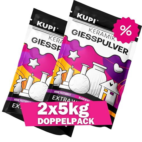 KUPI 2x5kg Gips zum Gießen Lufthärtend & Geruchlos | Keramik Gießpulver Weiß | Gießmasse für Silikonformen | Reliefgießpulver zum Basteln Modellieren Strukturieren von kupi