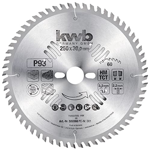 kwb Kreissägeblatt 250 x 30 mm, sehr feiner Schnitt, Sägeblatt geeignet für Arbeitsplatten, Holz und beschichtete Platten von kwb