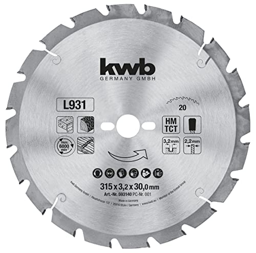 kwb Kreissägeblatt 315 x 30 mm, Made in Germany, nagelfester Spezial-Trapezzahn, mittlere Schnittgüte, Sägeblatt geeignet für Weich- und Hartholz, Konstruktionsvollholz und Holzplatten von kwb