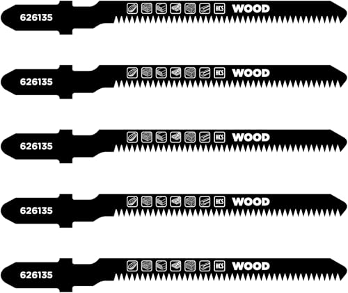 kwb Stichsägeblätter für Kurvenschnitte (Universal Einnockenschaft (T-Schaft), für Holz & Kunststoff, HCS-Kohlenstoffstahl, 5 Stück, gehärtete Zähne, polierte Oberfläche, saubere Schnitte) von kwb